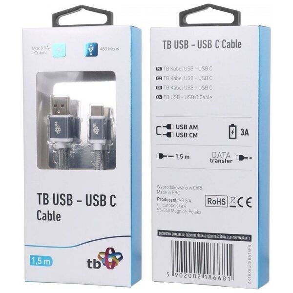 Kabel USB TB Print USB-A - USB-C 1.5 m Szary (AKTBXKUCSBA15PS)