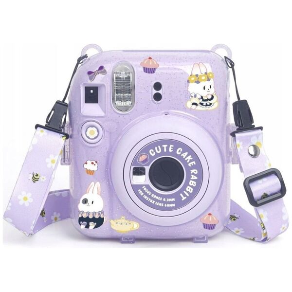 Pokrowiec LoveInstant Futerał Etui Pokrowiec Case do FujiFilm Fuji INSTAX Mini 12 + Naklejki i Kieszeń na Zdjęcia / Słodki Królik / Fioletowy Brokat