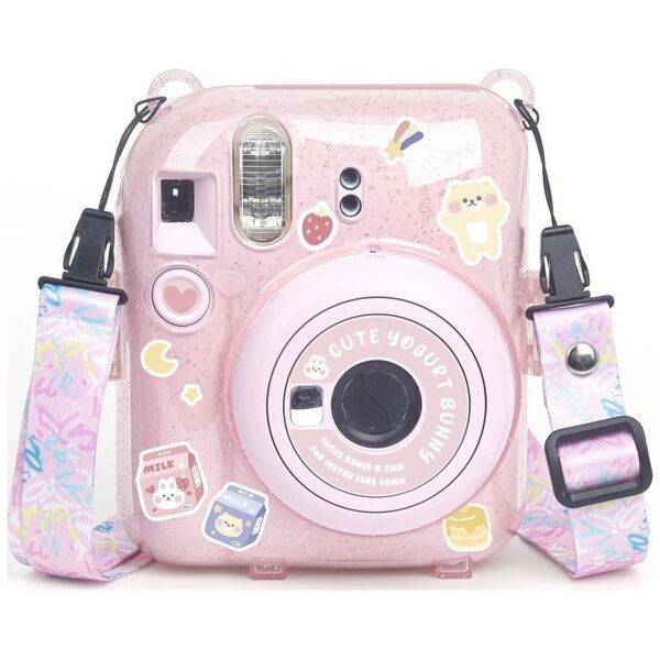 Pokrowiec LoveInstant Futerał Etui Pokrowiec Case do FujiFilm Fuji INSTAX Mini 12 + Naklejki i Kieszeń na Zdjęcia / Jogurtowy Królik / Różowy Brokat
