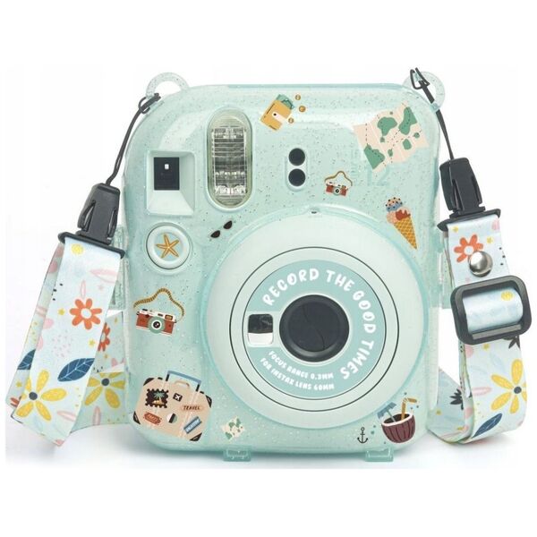 Pokrowiec LoveInstant Futerał Etui Pokrowiec Case do FujiFilm Fuji INSTAX Mini 12 + Naklejki i Kieszeń na Zdjęcia / Wakacyjny czas / Zielony Brokat