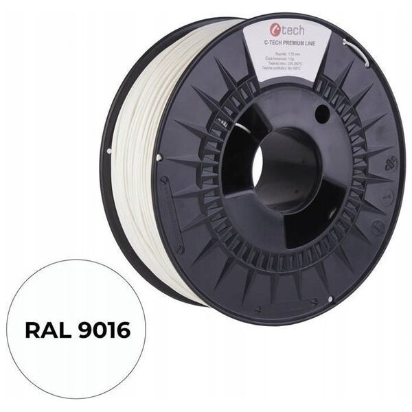 C-Tech C-TECH Tisková struna (filament) PREMIUM LINE, PLA, dopravní bílá, RAL9016, 1,75mm, 1kg