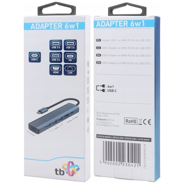 HUB USB TB Print Adapter HUB USB C 6w1 - HDMI, USBx3, PD, RJ-45