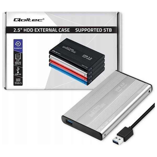 Kieszeń Qoltec Obudowa | kieszeń do dysków HDD SSD 2.5' SATA3 | USB 3.0 | Srebrna