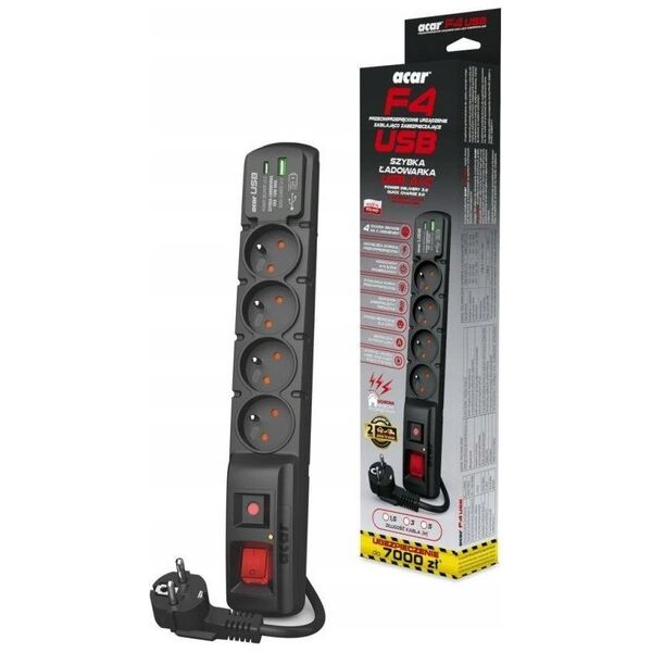 Listwa zasilająca Acar Listwa zasilajšca F4 USB A+C 3m 4x 230V PD3.0 QC Czarna