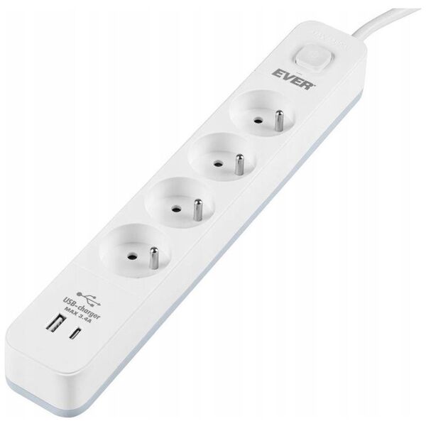 Listwa zasilająca Ever Listwa antyprzepięciowa Ever Proect 4PL 1A1C USB 1,5m biała
