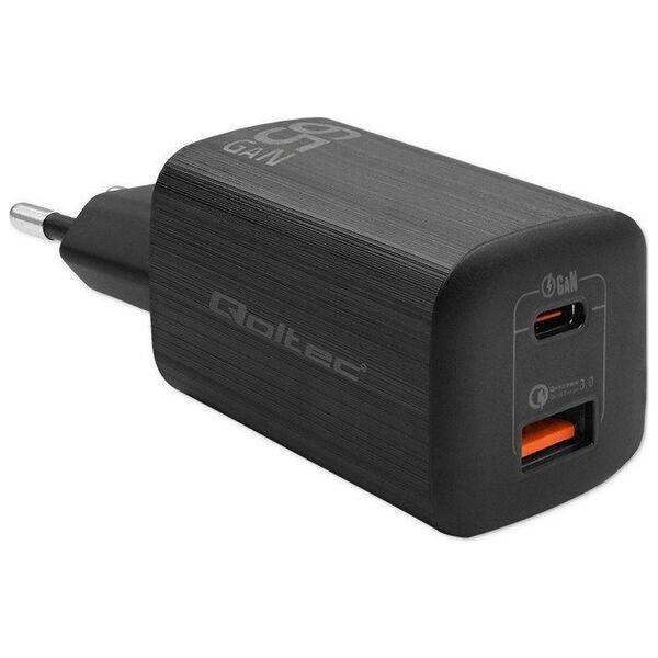 Ładowarka Qoltec Ładowarka sieciowa 65W GaN ULTRA | 5-20V | 2.25-3.25A | 1 x USB typ C PD | 1 x USB | Czarna