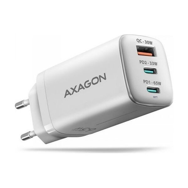 Ładowarka Axagon ACU-DPQ65W Ładowarka sieciowa GaN 65W, 3x port (USB-A + dual USB-C) PD3.0/QC4+/PPS/Apple, biała