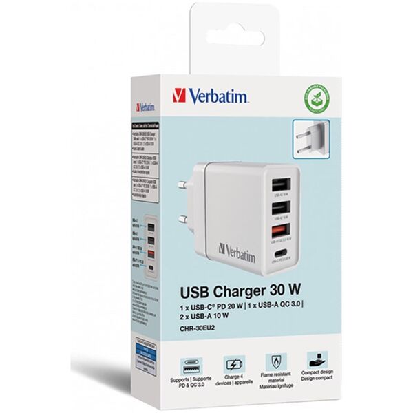 Ładowarka Verbatim Ładowarka sieciowa Verbatim 1xUSB-C PD 20W 1xUSB-A QC 3.0 2xUSB-A 10W UE biała