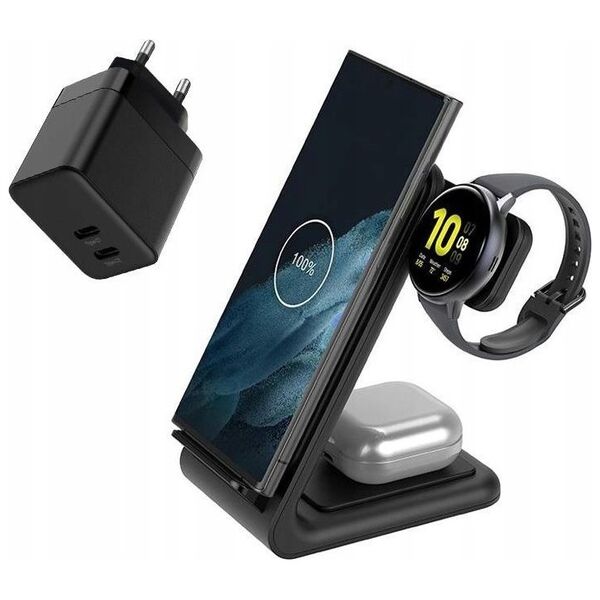 Ładowarka Crong Crong - Zestaw ładowarka GaN PD 35W plus ładowarka bezprzewodowa PowerSpot Pivot Stand 3w1 do iPhone, Samsung & Android