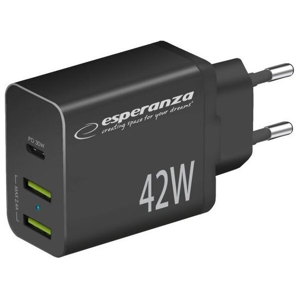 Ładowarka Esperanza EZC106K Esperanza ładowarka sieciowa 42w usb-c pd 30w / 2x usb-a 12w