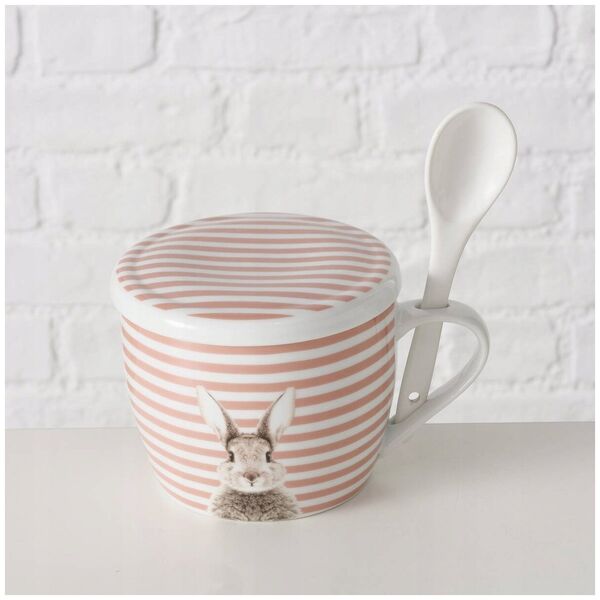 Boltze Kubek z pokrywką i z łyżeczką FLUFFY, porcelanowy, zajączek, 600 ml