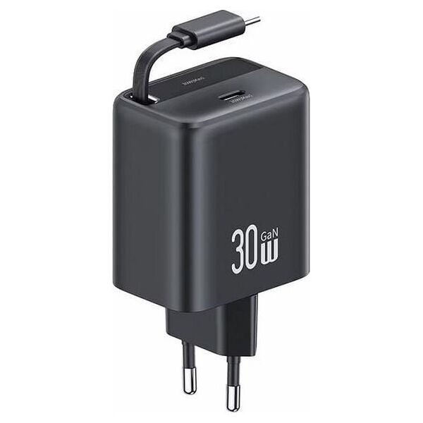 Ładowarka Usams USAMS Ład. siec. 1xUSB-C ze zwijanym kablem USB-C Retractable PD+QC 30W Gan Fast Charging czarny/black YC Series CC241TC01 (US-CC241)