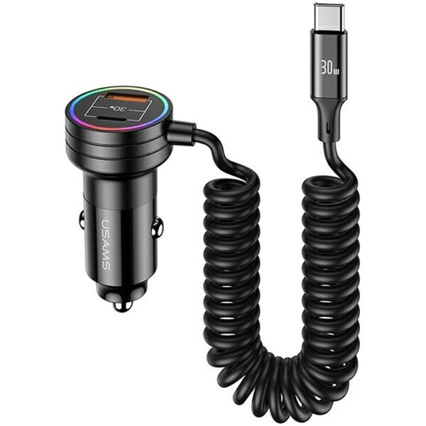 Ładowarka Usams Ładowarka Samochodowa z kablem sprężynowym USAMS 2xUSB-C 1xUSB-A C33 60W czarna CC167CC01 (US-CC167)