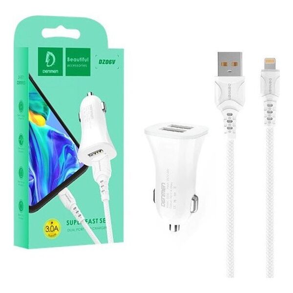 Ładowarka Vega ŁADOWARKA SAMOCHODOWA 3A + KABEL IPHONE BIAŁA DENMEN 3100mA DUAL FAST CHARGING 2XUSB DZ06L 15W>