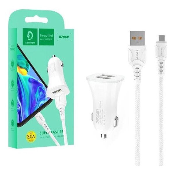 Ładowarka Vega ŁADOWARKA SAMOCHODOWA 3A + KABEL TYP-C BIAŁA DENMEN 3100mA DUAL FAST CHARGING 2XUSB DZ06T 15W>