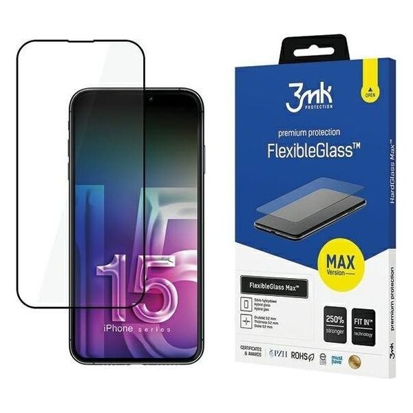 TRITON 3MK FlexibleGlass Max iPhone 15 Pro 6.1" czarny/black, Szkło hybrydowe z wzmocnionymi krawędziami