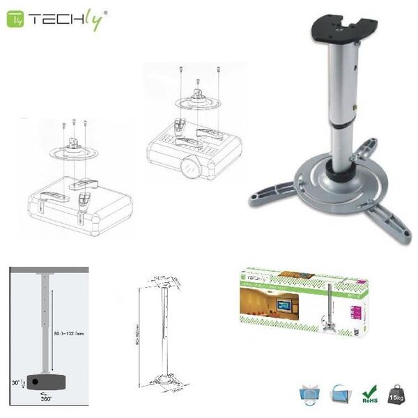 Uchwyt do projektorów Techly Ramię, 60-120 cm, sufitowe, srebrny (301566)