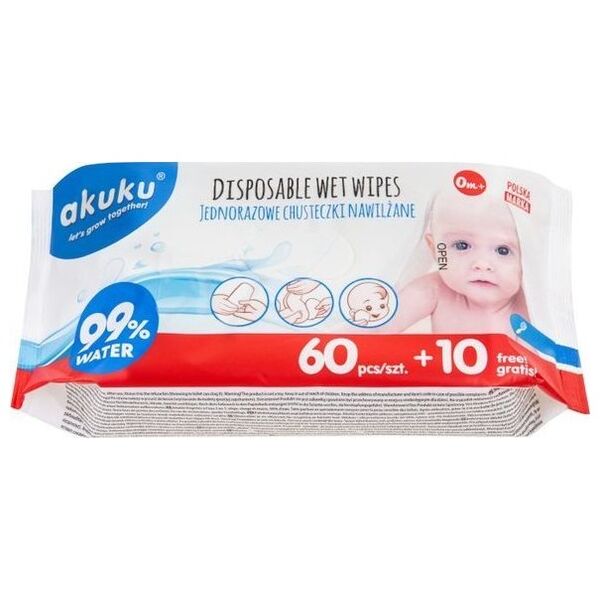 Akuku Chusteczki nawilżane 99% Wody Aloes Rumianek 70 szt.