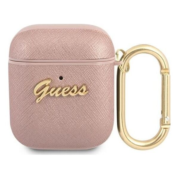 Guess Etui ochronne GUA2SASMP Saffiano Script Metal Collection do AirPods 1/2 różowe