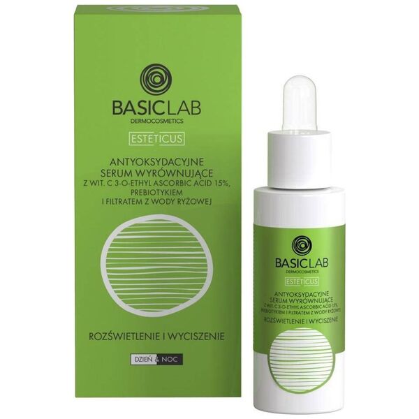 Basiclab Esteticus antyoksydacyjne serum wyrównujące z Wit.C 15% prebiotykiem i filtrem z wody ryżowej 30ml