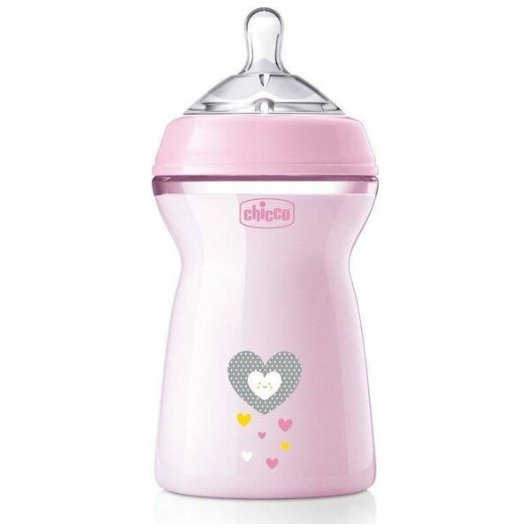 Chicco CHICCO_NaturalFeeling Butelka plastikowa 330ml ze smoczkiem silikonowym przepływ szybki 6m+ Różowa