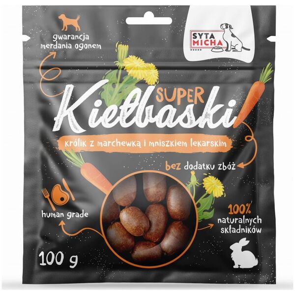 Syta Micha Syta Micha Super kiełbaski dla psa z królikiem, marchewką i mniszkiem 100g