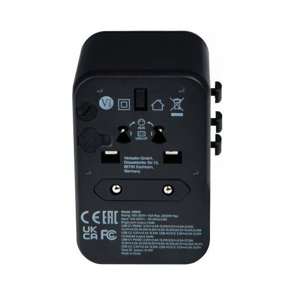 Verbatim 100-250 V Adapter podróżny, CEE7 (widelec) - gniazdo, czarny, Verbatim