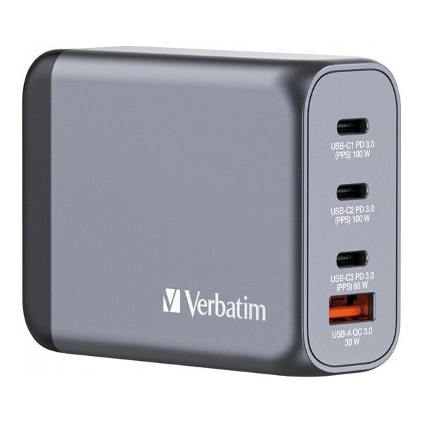 Verbatim Ładowarka GaN Verbatim, USB 3.0, USB C, szara, 100 W, wymienne końcówki C,G,A