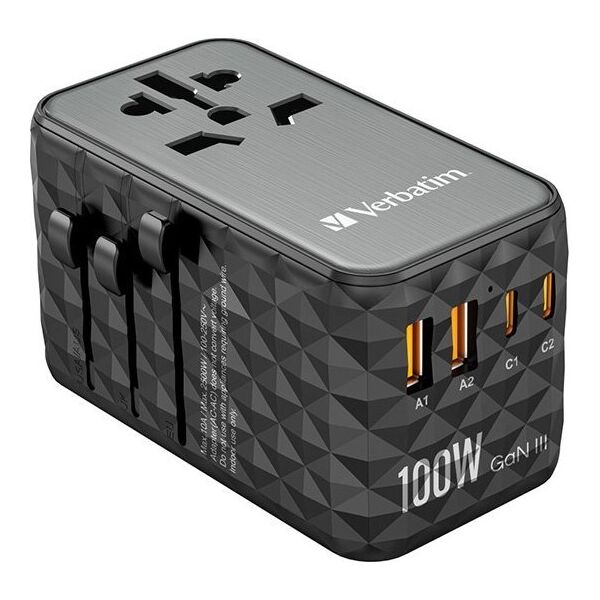 Verbatim Uniwersalny adapter podróżny World-to-World UTA-06 , 2x USB-C PD, QC 4+, 2x USB-A QC 3.0, czarny, 100 W