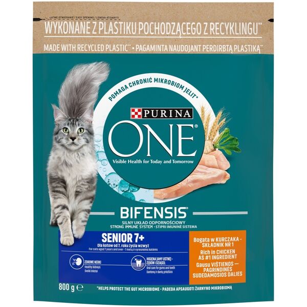 PURINA NESTLE PURINA One Bifensis Senior 7+ Bogata w Kurczaka i Pełne Ziarna - sucha karma dla kota - 800 g