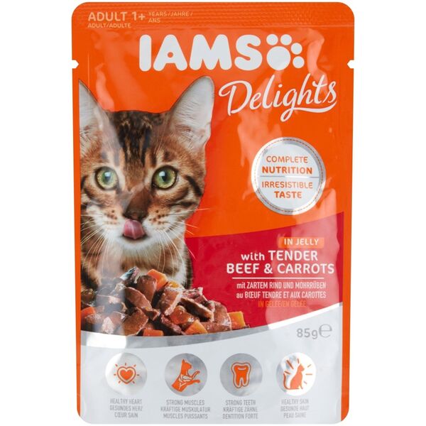 EUKANUBA IAMS Delights Adult z wołowiną i marchewką w galarecie 85g kot