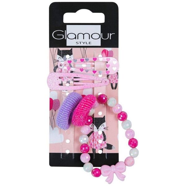 Glamour Kids zestaw gumki do włosów 2szt. + spinki do włosów 2szt.+ bransoletka Serduszka