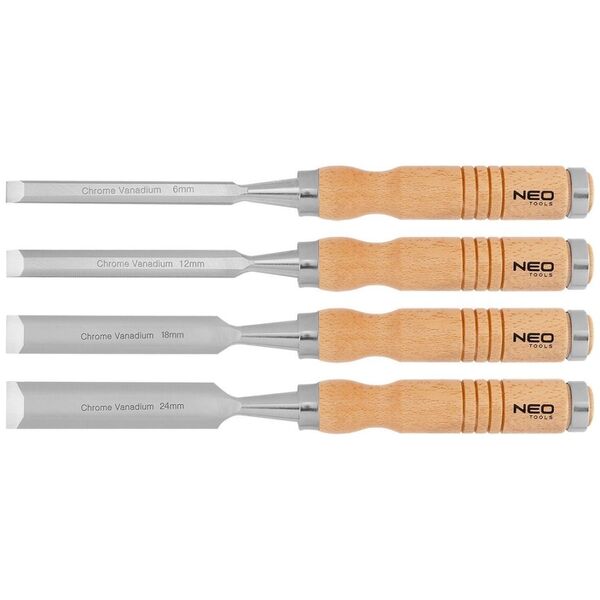 Neo Dłuta 6, 12, 18, 24 mm, zestaw 4 szt. Uchwyt drewniany