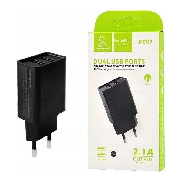 Ładowarka Vega ŁADOWARKA SIECIOWA 2.1A 10W CZARNA DENMEN 2100mA DC02 2xUSB SINGLE>