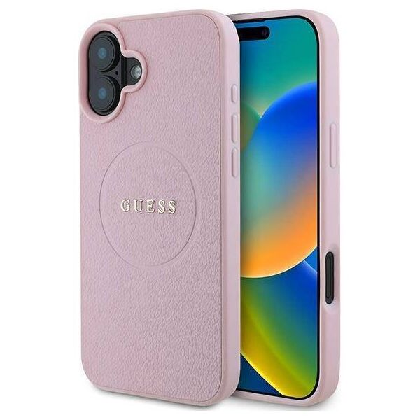 Original Case IPHONE 16 PLUS Guess Hardcase Grained Gold Ring MagSafe (GUHMP16MPGHSMMP) pink 3666339303969