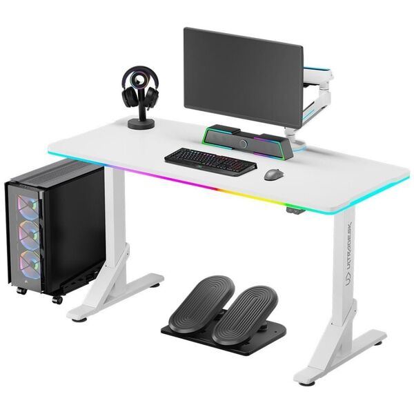 Ultradesk ULTRADESK Biurko dla gracza IRON WHITE, 132,5x60,5 cm, 71-81  cm, mechaniczna regulacja wysokości