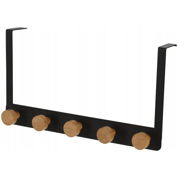 Storage Solutions Wieszak na drzwi czarny, metalowy, 5 drewnianych uchwytów, 33,5 cm