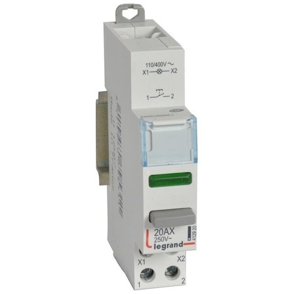 Legrand Łącznik przyciskowy monostabilny 20A, NO+LED, z lampką zieloną, 110/400V