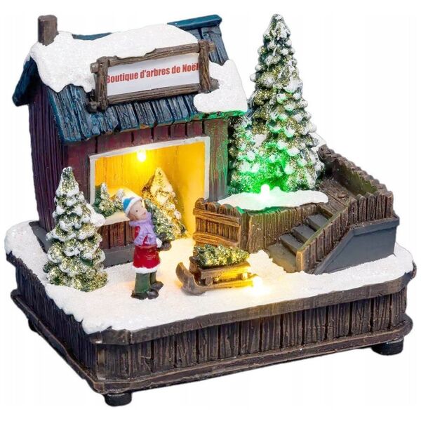 Dekoracja świąteczna Fééric Lights and Christmas Miasteczko bożonarodzeniowe, scenka świąteczna ze sklepem z choinkami