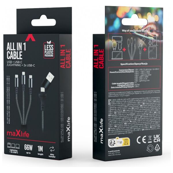 Maxlife ALLin1 cable USB + USB-C - Lightning + 2x USB-C 1,0 m 66W black 5907457787735