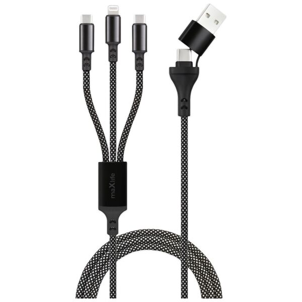 Maxlife ALLin1 cable USB + USB-C - Lightning + 2x USB-C 1,0 m 66W black 5907457787735