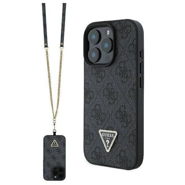 Original Case IPHONE 16 PRO Guess Hardcase Leather Metal Logo Strass Crossbody + Smycz (GUHCP16LP4TDSCPK) black 3666339328627