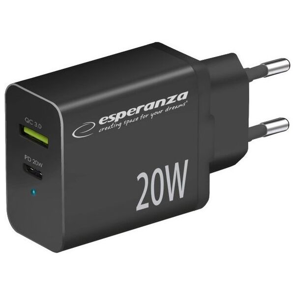Ładowarka Esperanza EZC105K Esperanza ładowarka sieciowa 20w usb-c pd 20w / usb-a qc 3.0 18w czarna