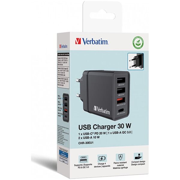 Ładowarka Verbatim Ładowarka sieciowa Verbatim 1xUSB-C PD 20W 1xUSB-A QC 3.0 2xUSB-A 10W UE czarna
