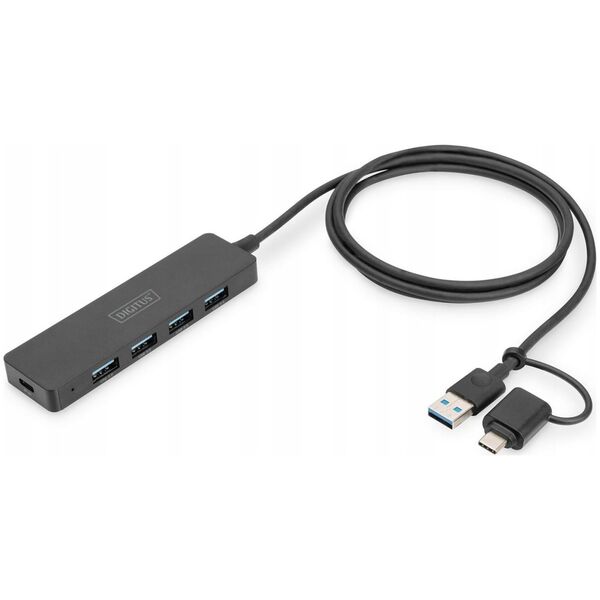HUB USB Digitus Hub USB 3.0/Koncentrator DIGITUS 4-portowy SlimLine USB A + adapter USB-C 1,2m 5Gbps złącze zasilania USB-C