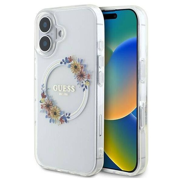 Original Case IPHONE 16 PLUS Guess Hardcase IML Flowers Wreath MagSafe (GUHMP16MHFWFCT) transparent 3666339311438