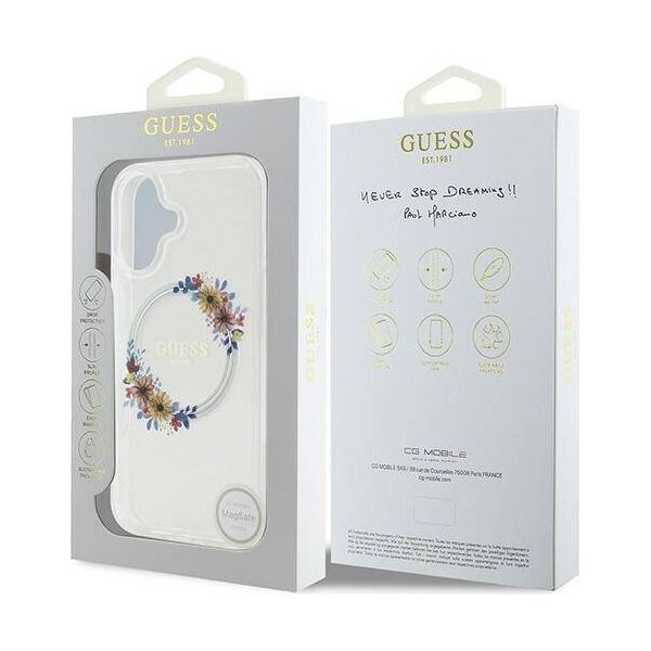 Original Case IPHONE 16 PLUS Guess Hardcase IML Flowers Wreath MagSafe (GUHMP16MHFWFCT) transparent 3666339311438