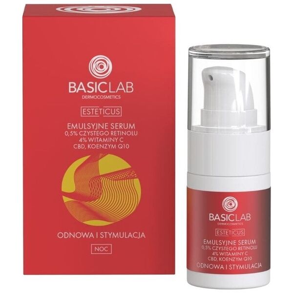 Alkotest BASICLAB_Esteticus Emulsyjne Serum 0,5% Czystego retinolu, 4% Witaminy C, CBD, Koenzym Q10 Odnowa i Symulacja 15ml