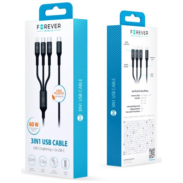 Forever 3in1 cable USB-C - Lightning + 2x USB-C 1,2 m 60W black 5907457787339