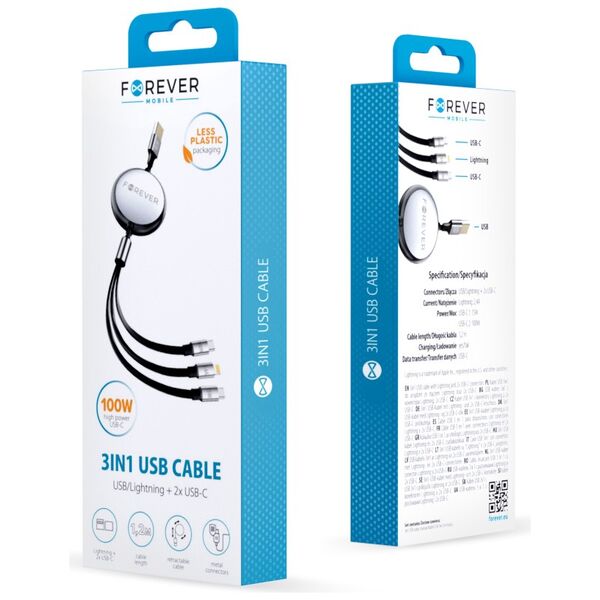 Forever 3in1 cable USB - Lightning + 2x USB-C 1,2 m 100W black 5907457787322